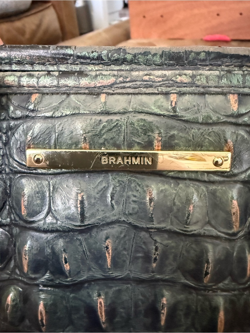 Brahmin Metallic Green Croc Embossed Leather Satchel Crossbody Purse Mini Asher - Picture 4 of 12